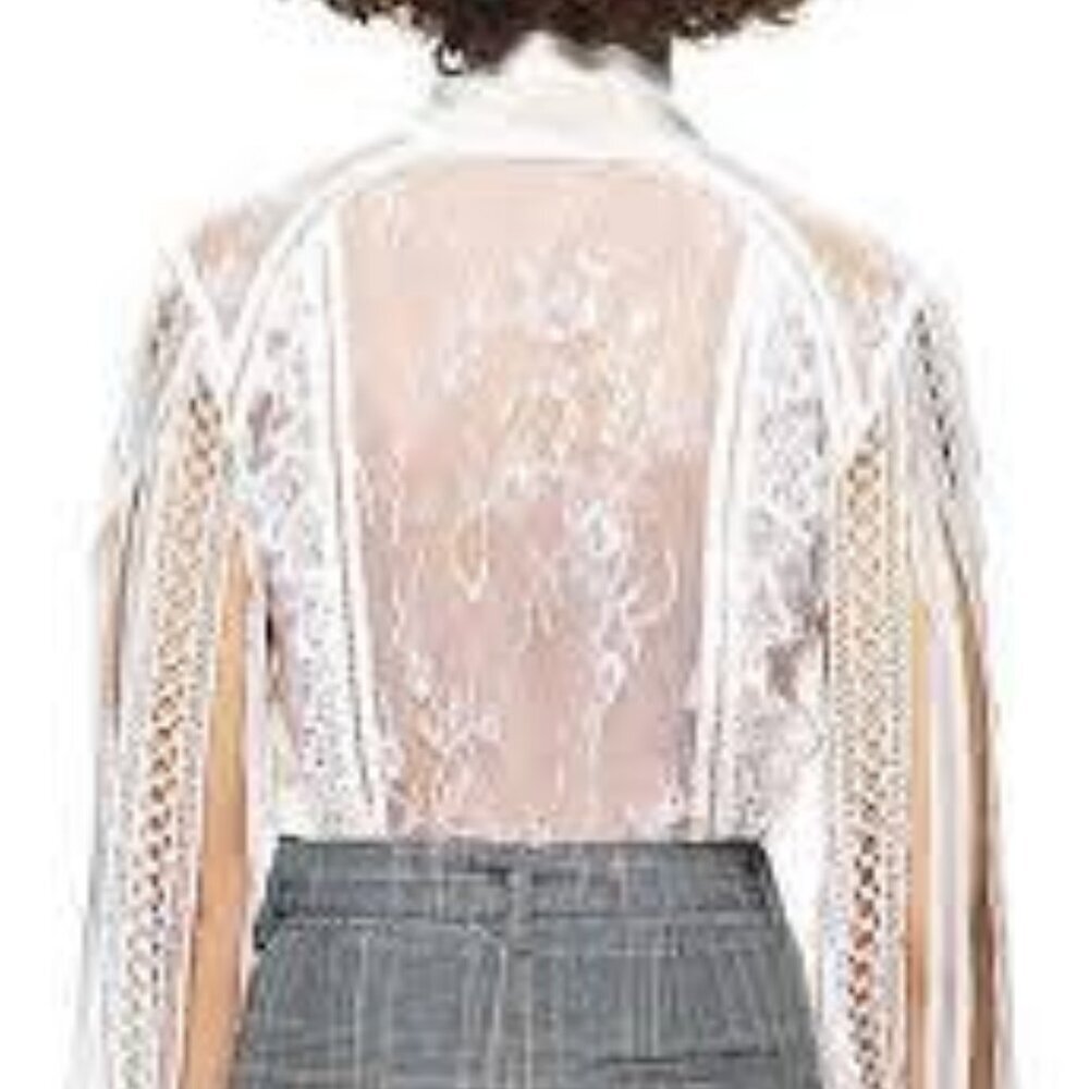 Self Portrait Victorian Romantic Sheer Draped Sleeve Lace Paneled Blouse Size 2 - Picture 5 of 14